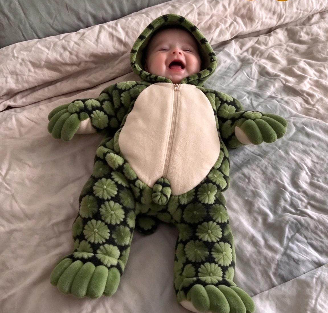 Bébé qui rit dans la combinaison tortue, allongé sur un lit