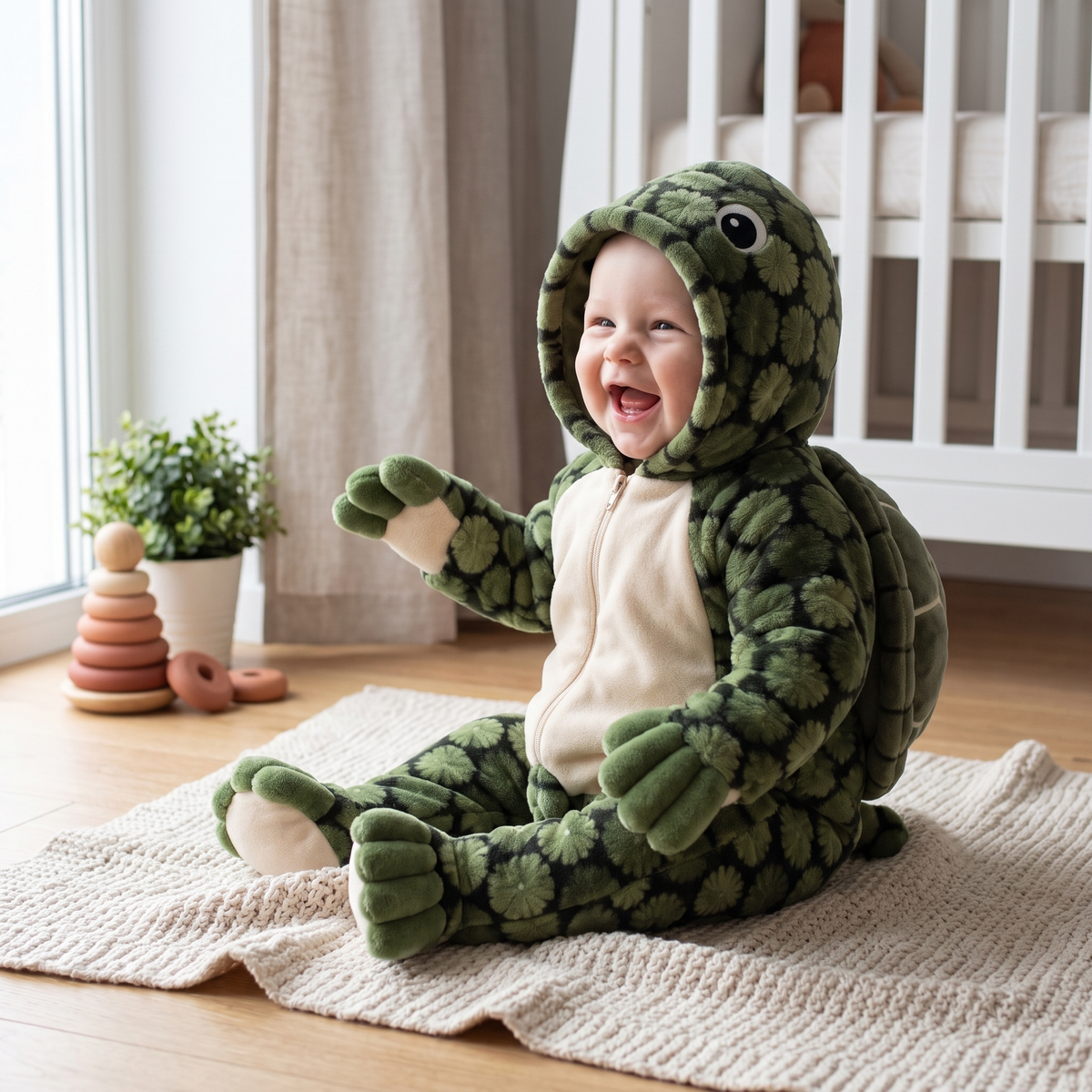 Bébé qui rit dans la combinaison tortue, assis sur un plaid dans sa chambre