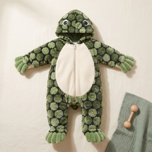 Combinaison tortue à plat, vue de face : capuche à petits yeux, ventre crème et zip