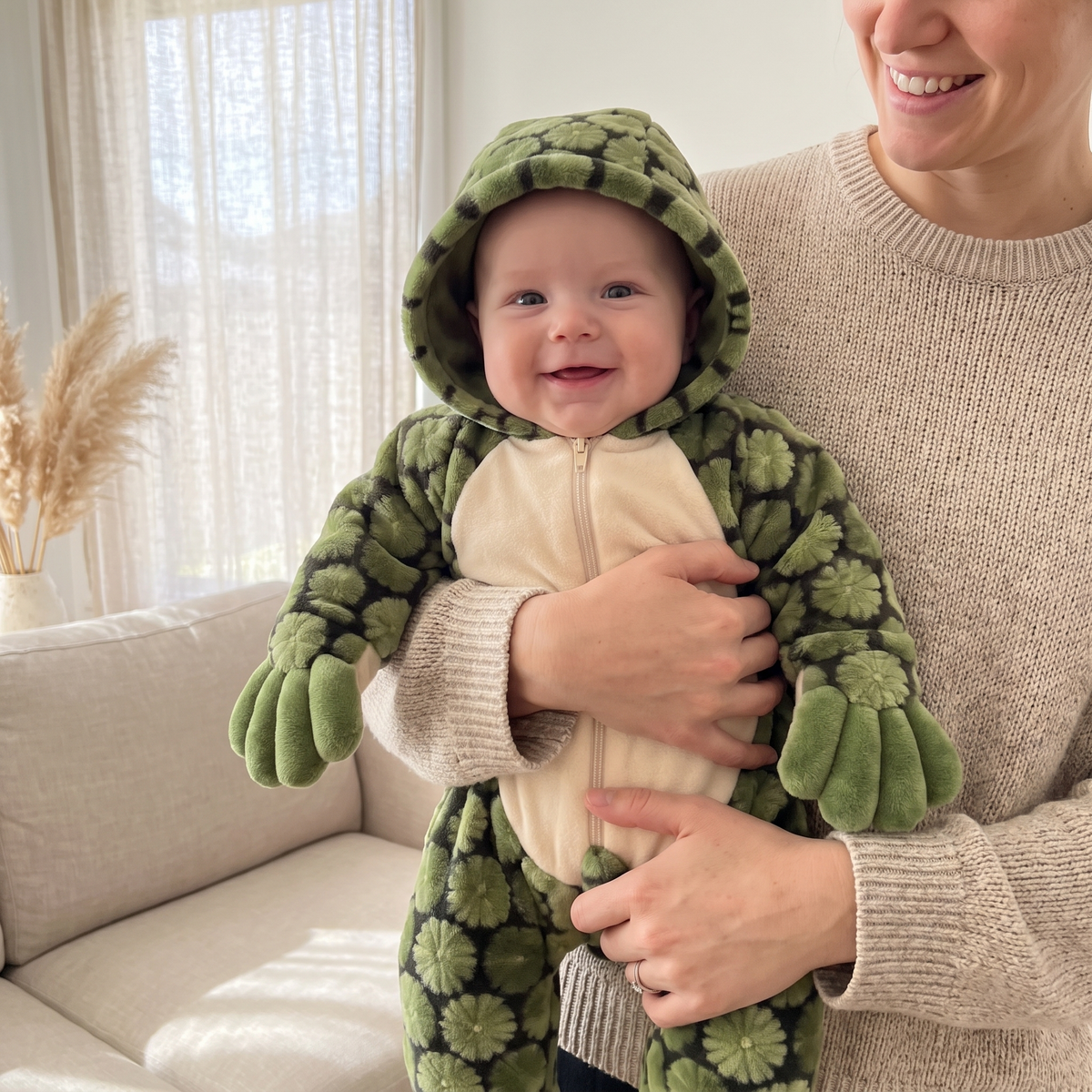 Maman qui porte son bébé habillé de la combinaison tortue