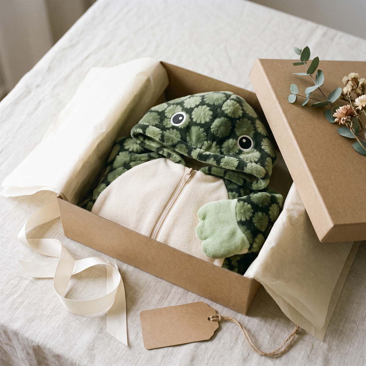 Combinaison tortue pliée dans une boîte cadeau en kraft
