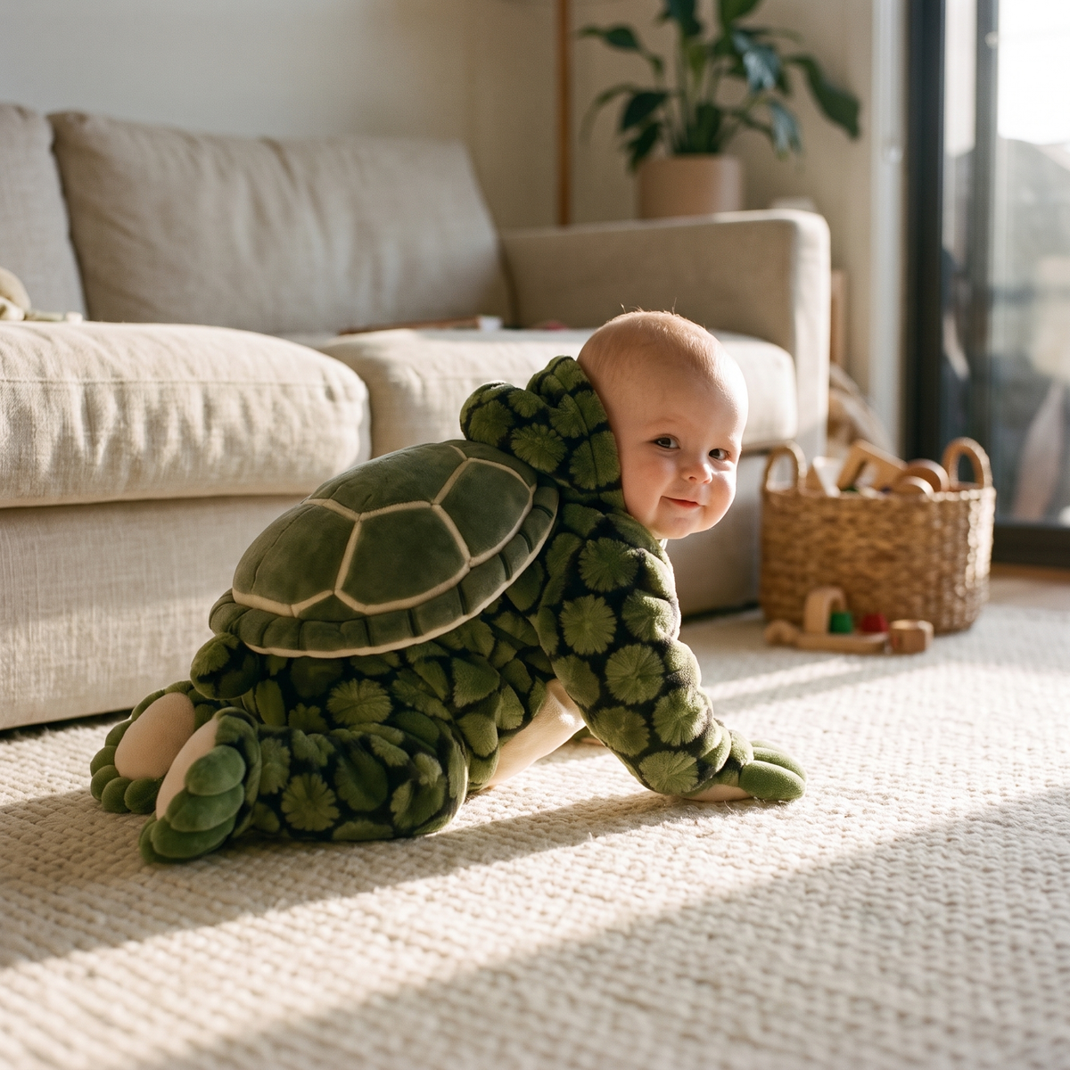 Bébé à quatre pattes dans la combinaison tortue, carapace visible de dos