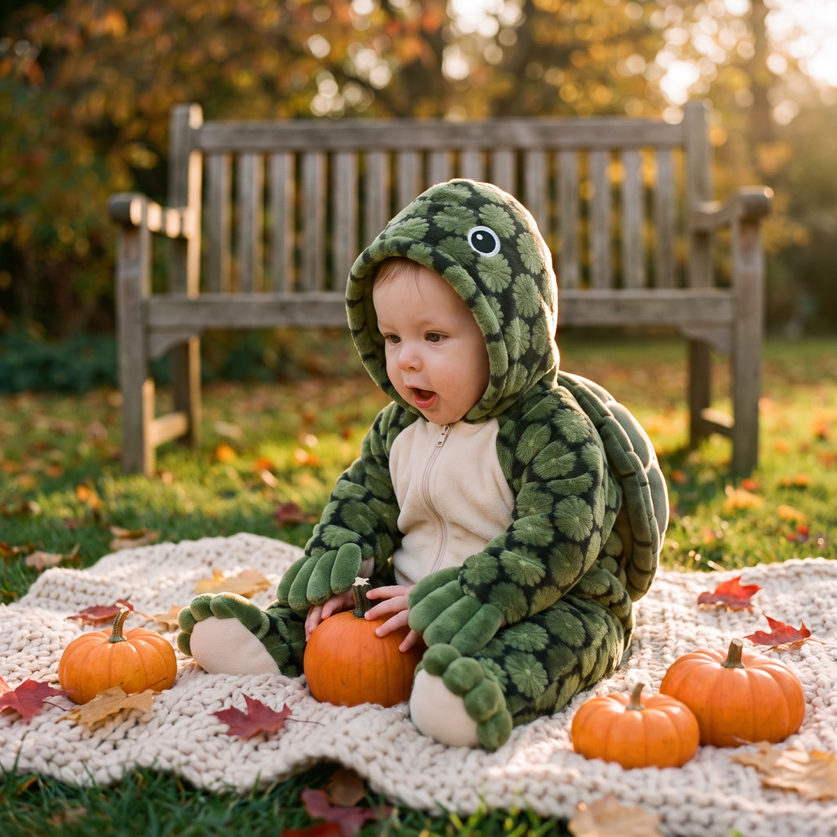 Bébé en combinaison tortue au milieu des citrouilles en automne