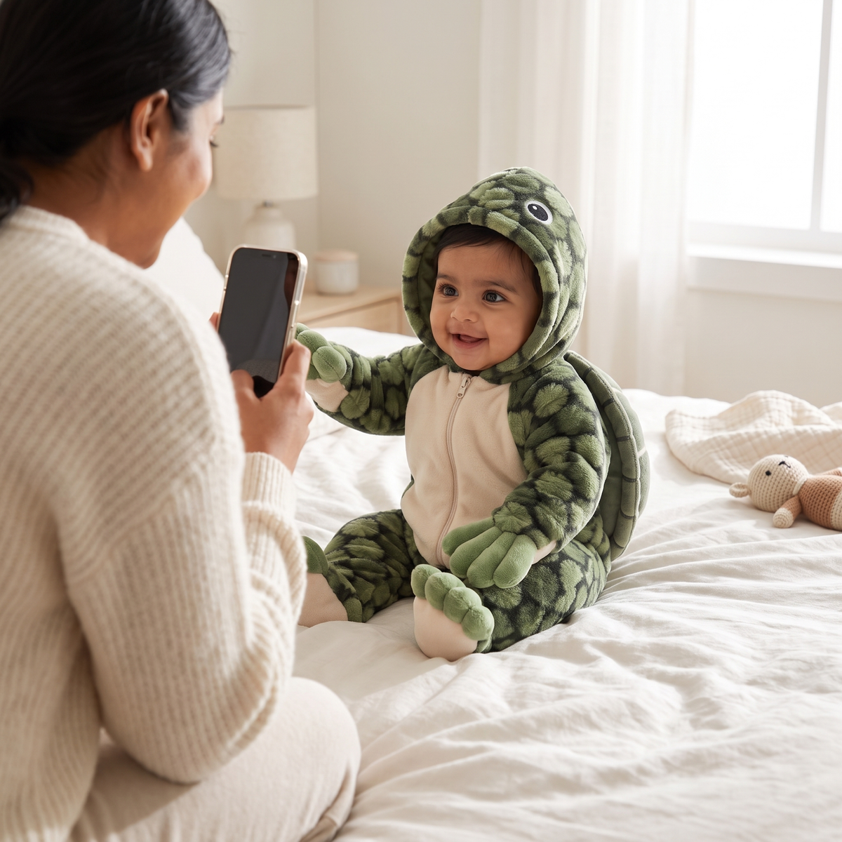 Maman qui prend en photo sa petite fille en combinaison tortue sur le lit