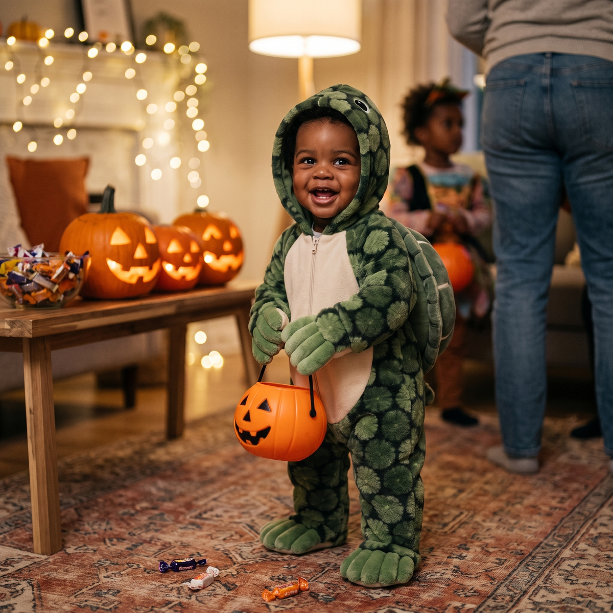 Petit garçon en combinaison tortue à une soirée d'Halloween, avec son seau citrouille